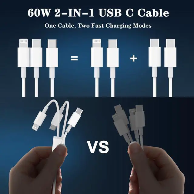 Alt view image 2 of 7 - 2 in 1 USB C to USB C/Lightning Cable Compatible for iPhone 17 16 15 14 13 12 11 XS XR X, 2 Pack 60W Type C Multiple Charging with Lightning/Type C Port iPhone Charger Cord Fast Charging Cable 6FT