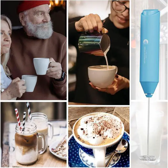 Alt view image 5 of 5 - Handheld Foam Maker, Mini Whisk Drink Mixer for Coffee, Cappuccino, Latte, Matcha, Hot Chocolate, No Stand, Sky Blue