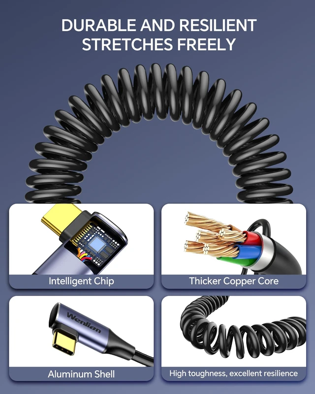 Alt view image 5 of 7 - 4FT-Coiled USB-C to C Cable for CarPlay & Android, 100W Type-C Short Cable | Stretch 1ft up to 4ft, for Car Charger, Double Right Angle USB-C Cord for iPhone 17/16/15 Pro, Samsung S25/S24/S23