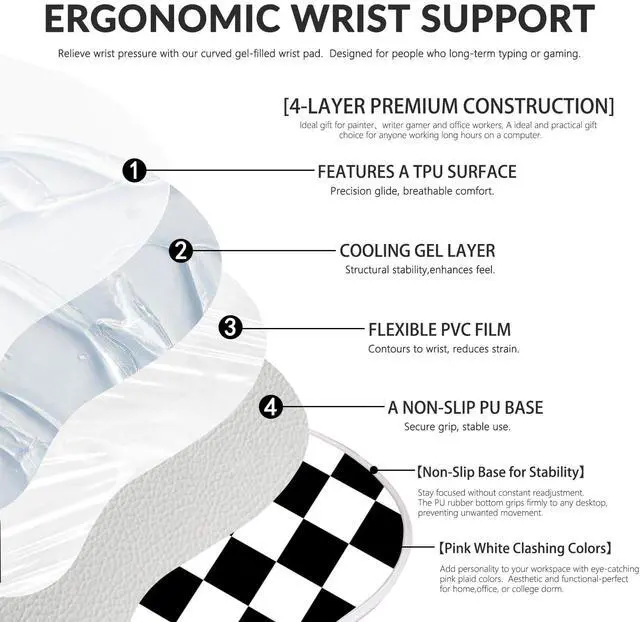 Alt view image 4 of 7 - Pad with Wrist Rest for Mouse Ergonomic Mouse Wrist Rest Non-Slip Silicone Checkered Plaid Black and White Mousepad with Wrist Support for Computer Desk Gaming Laptop Home Office Desk Supply