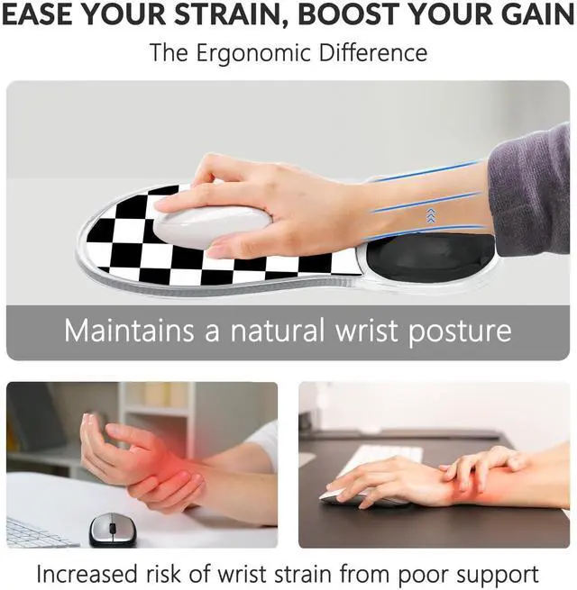 Alt view image 3 of 7 - Pad with Wrist Rest for Mouse Ergonomic Mouse Wrist Rest Non-Slip Silicone Checkered Plaid Black and White Mousepad with Wrist Support for Computer Desk Gaming Laptop Home Office Desk Supply