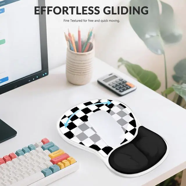 Alt view image 7 of 7 - Pad with Wrist Rest for Mouse Ergonomic Mouse Wrist Rest Non-Slip Silicone Checkered Plaid Black and White Mousepad with Wrist Support for Computer Desk Gaming Laptop Home Office Desk Supply