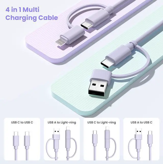 Alt view image 3 of 7 - for iPhone 17 USB C Charger Cable,Multi 4 in 1 Charging Cord 6.6FT,60W Fast Charging USBC Lead with USB A/Lightning Adapter for New Apple 17e 16 15 14 Pro Max,Samsung S26,Airpods 3,iPad Air 6