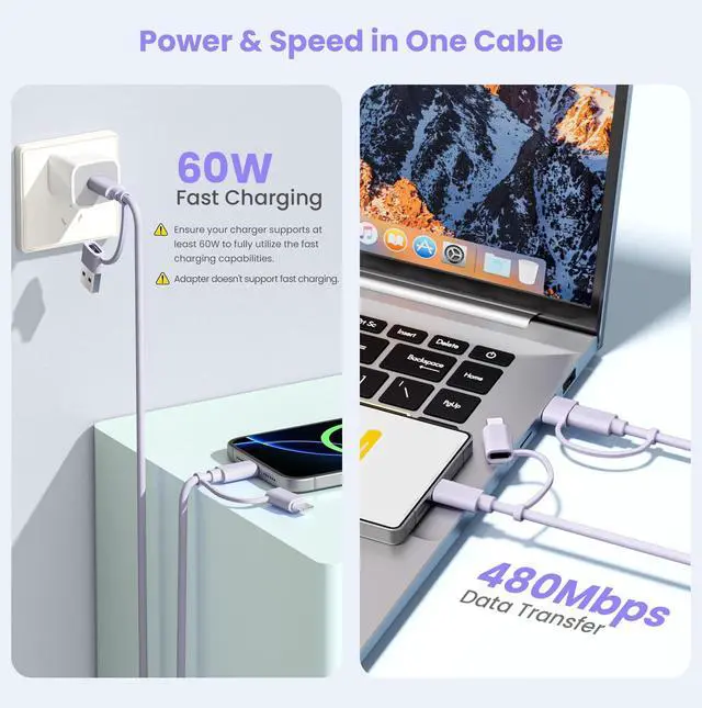 Alt view image 4 of 7 - for iPhone 17 USB C Charger Cable,Multi 4 in 1 Charging Cord 6.6FT,60W Fast Charging USBC Lead with USB A/Lightning Adapter for New Apple 17e 16 15 14 Pro Max,Samsung S26,Airpods 3,iPad Air 6