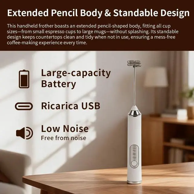 Alt view image 2 of 6 - Rechargeable Handheld Milk Frother with 3 Speeds, Double-Layer Stainless Steel Whisk Portable Coffee Frother, 2 Detachable Heads for Coffee/Latte/Matcha, White