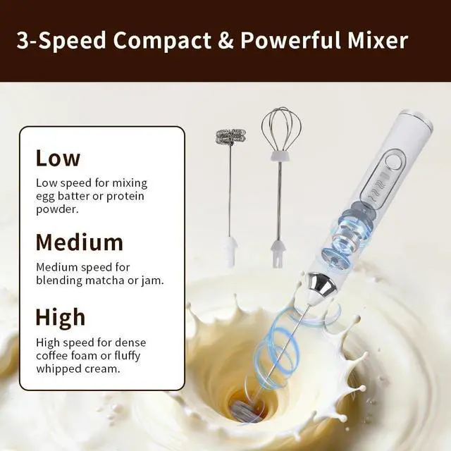 Alt view image 4 of 6 - Rechargeable Handheld Milk Frother with 3 Speeds, Double-Layer Stainless Steel Whisk Portable Coffee Frother, 2 Detachable Heads for Coffee/Latte/Matcha, White