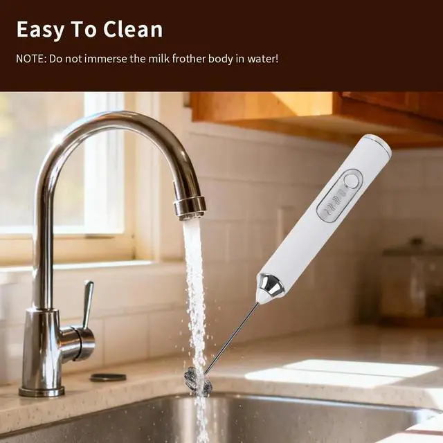 Alt view image 6 of 6 - Rechargeable Handheld Milk Frother with 3 Speeds, Double-Layer Stainless Steel Whisk Portable Coffee Frother, 2 Detachable Heads for Coffee/Latte/Matcha, White