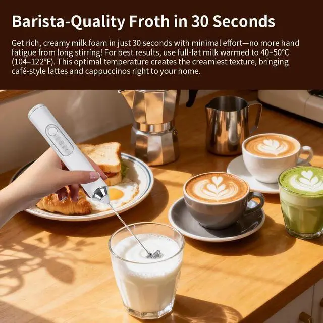Alt view image 5 of 6 - Rechargeable Handheld Milk Frother with 3 Speeds, Double-Layer Stainless Steel Whisk Portable Coffee Frother, 2 Detachable Heads for Coffee/Latte/Matcha, White