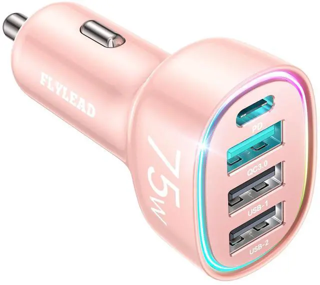 Main image of 75W Car Charger USB C, 4 Port Super Fast Cigarette Lighter USB Charger, Type C 60W & QC 3.0 Multiport Car Phone Adapter Accessories for iPhone 17/16/15/14/13/12 Pro Samsung S26 Series, Pink