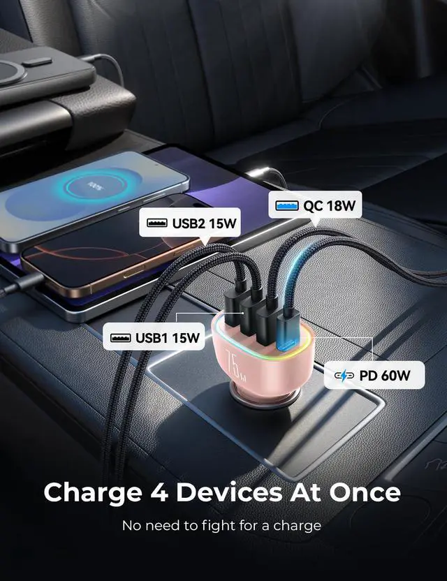 Alt view image 7 of 7 - 75W Car Charger USB C, 4 Port Super Fast Cigarette Lighter USB Charger, Type C 60W & QC 3.0 Multiport Car Phone Adapter Accessories for iPhone 17/16/15/14/13/12 Pro Samsung S26 Series, Pink