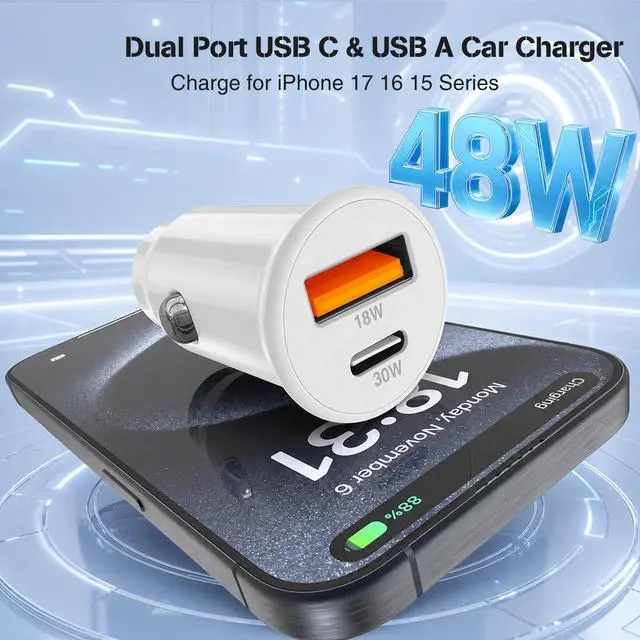 Alt view image 2 of 7 - 48W USB C Car Charger for iPhone 17 16 15 Pro Max, 48W Dual Port USB-C & USB-A Car Fast Charging Adapter, 2X3FT C to C Cable & A to C Carplay Cable for iPhone 17 16 15 Series/iPhone Air, iPad, Samsung