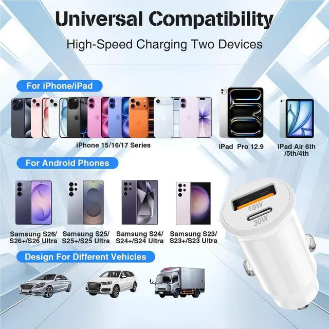 Alt view image 7 of 7 - 48W USB C Car Charger for iPhone 17 16 15 Pro Max, 48W Dual Port USB-C & USB-A Car Fast Charging Adapter, 2X3FT C to C Cable & A to C Carplay Cable for iPhone 17 16 15 Series/iPhone Air, iPad, Samsung
