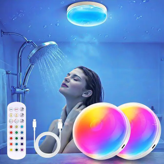 Main image of Waterproof Shower Light for Inside Shower, 15 Colors Rechargeable Shower Lights with Remote Dimmable Timer, LED Bathroom Mood Lighting, Magnetic Wireless Ceiling Light for Shower Closet Bedroom,2 Pack
