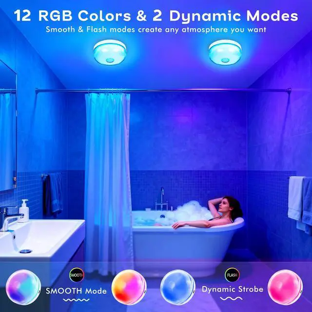 Alt view image 2 of 7 - Waterproof Shower Light for Inside Shower, 15 Colors Rechargeable Shower Lights with Remote Dimmable Timer, LED Bathroom Mood Lighting, Magnetic Wireless Ceiling Light for Shower Closet Bedroom,2 Pack