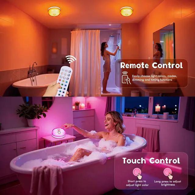 Alt view image 4 of 7 - Waterproof Shower Light for Inside Shower, 15 Colors Rechargeable Shower Lights with Remote Dimmable Timer, LED Bathroom Mood Lighting, Magnetic Wireless Ceiling Light for Shower Closet Bedroom,2 Pack