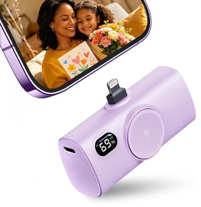 Main image of Little Portable Charger Battery Pack for IPhone,Tiny Power Phone Bank 5000mah Compatible with iPhone 14/14plus/14pro/14 pro max/13 pro max/13 pro/13 mini/13 pro max/12/12 mini/12 pro/12 pro max-Purple