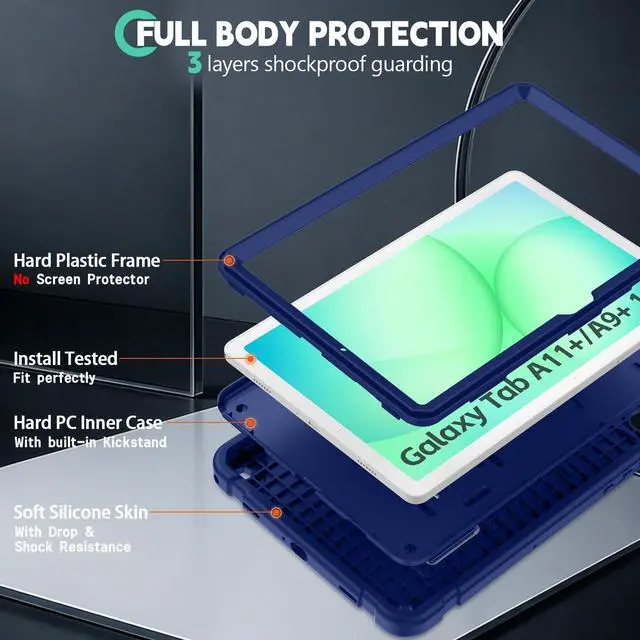 Alt view image 7 of 7 - Shockproof Case for Samsung Galaxy Tab A11 Plus 11 inch 2026 with Built-in Kickstand, 3 Layers Heavy Duty Protection Cover for Tab A9+ 10.9 2023, Navy Blue