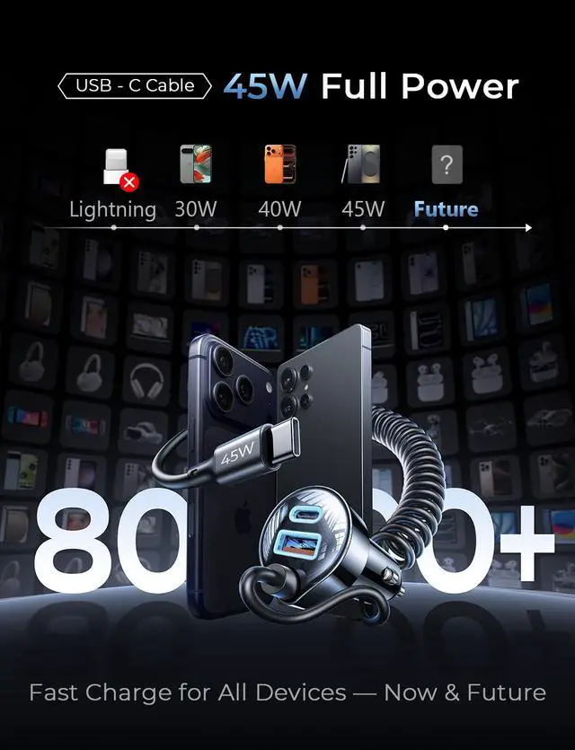 Alt view image 4 of 7 - 90W for iPhone 17 16 15 Pro Max Car Charger USB C Fast Charge,Super Fast for iPhone 17 16 Car Charger USB C Adapter for iPhone 17e 16 15 Pro Max Plus Air,Samsung Galaxy S26 Ultra, Android