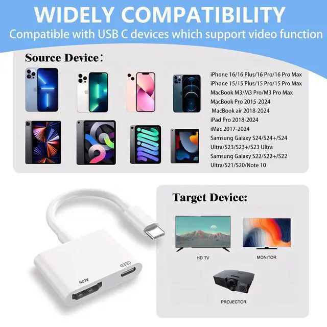 Alt view image 2 of 7 - USB C to HDTV for TV, 4K@60Hz Type C to Adapter with Charging Port, iPhone to HD to USB C Adapter Compatible for iPhone 16/15 Series/iPad Pro/Galaxy/MacBook Pro to HDTV Projector