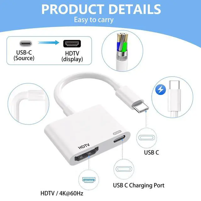 Alt view image 3 of 7 - USB C to HDTV for TV, 4K@60Hz Type C to Adapter with Charging Port, iPhone to HD to USB C Adapter Compatible for iPhone 16/15 Series/iPad Pro/Galaxy/MacBook Pro to HDTV Projector