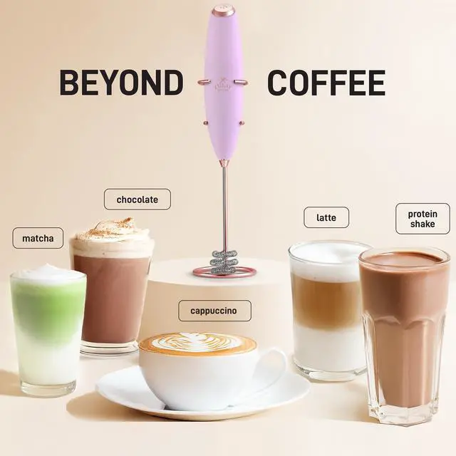 Alt view image 3 of 7 - Powerful Milk Frother Wand With Duracell Batteries - Ultra Fast Handheld Drink Mixer - Electric Whisk Foam Maker for Coffee, Lattes, Cappuccino & Matcha - Triple Whisk - Regal Lavender
