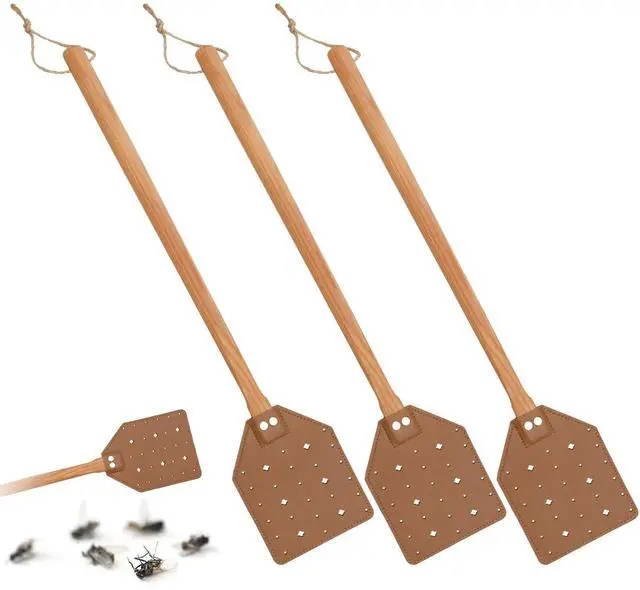 Main image of 3 Pack Leather Fly Swatters with Lanyard, Sturdy Fly Swatter Heavy Duty Wood Fly Swatter for Indoors and Outdoors