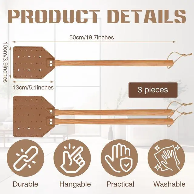 Alt view image 2 of 7 - 3 Pack Leather Fly Swatters with Lanyard, Sturdy Fly Swatter Heavy Duty Wood Fly Swatter for Indoors and Outdoors