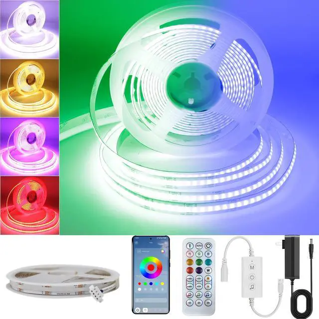 Main image of RGB COB LED Strip Light with Remote and app Control,Music Synchronized Color Change 24V RGB led Strip,6.56FT/2M,10mm Wide,Indoor RGB Lights for Bedroom,Game Room,Bar,Party