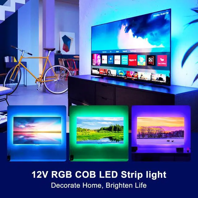 Alt view image 3 of 7 - RGB COB LED Strip Light with Remote and app Control,Music Synchronized Color Change 24V RGB led Strip,6.56FT/2M,10mm Wide,Indoor RGB Lights for Bedroom,Game Room,Bar,Party