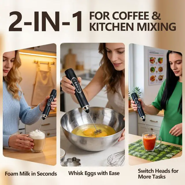 Alt view image 2 of 7 - Rechargeable Handheld Milk Frother, 2-in-1 Electric Coffee Frother with 2 Interchangeable Whisks, 3 Speed Mini Drink Mixer for Coffee, Matcha, Eggs, Cream, Milkshake, USB-C Charging