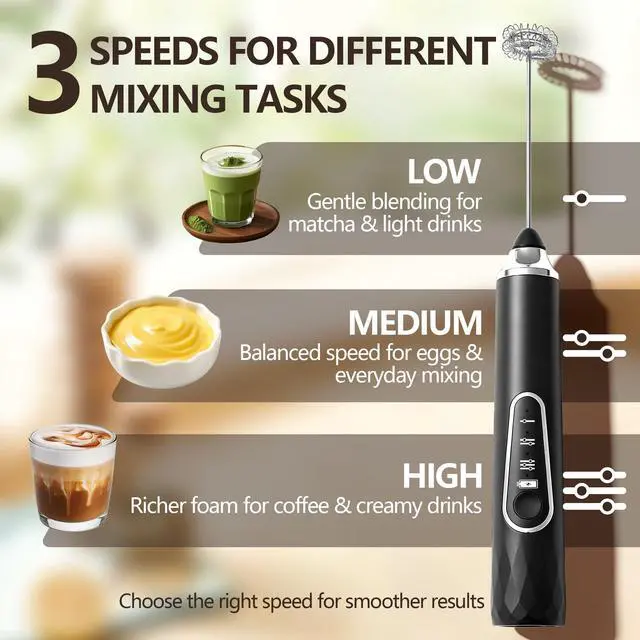 Alt view image 3 of 7 - Rechargeable Handheld Milk Frother, 2-in-1 Electric Coffee Frother with 2 Interchangeable Whisks, 3 Speed Mini Drink Mixer for Coffee, Matcha, Eggs, Cream, Milkshake, USB-C Charging