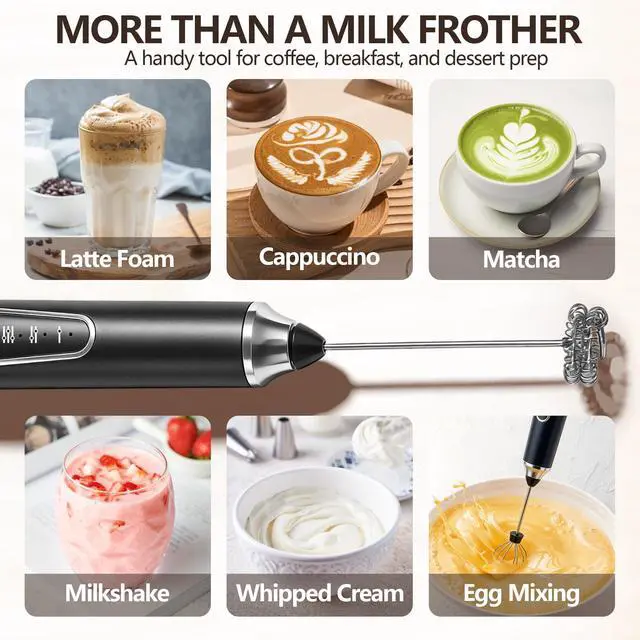 Alt view image 4 of 7 - Rechargeable Handheld Milk Frother, 2-in-1 Electric Coffee Frother with 2 Interchangeable Whisks, 3 Speed Mini Drink Mixer for Coffee, Matcha, Eggs, Cream, Milkshake, USB-C Charging