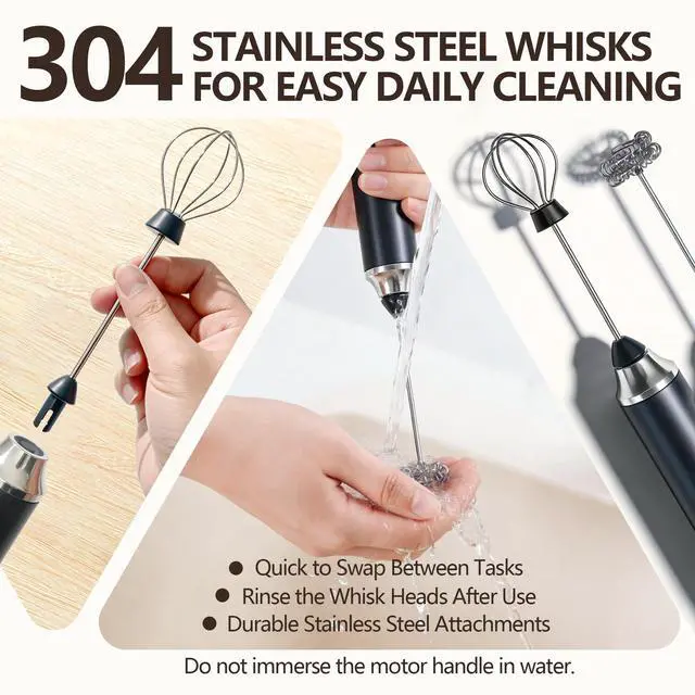 Alt view image 7 of 7 - Rechargeable Handheld Milk Frother, 2-in-1 Electric Coffee Frother with 2 Interchangeable Whisks, 3 Speed Mini Drink Mixer for Coffee, Matcha, Eggs, Cream, Milkshake, USB-C Charging