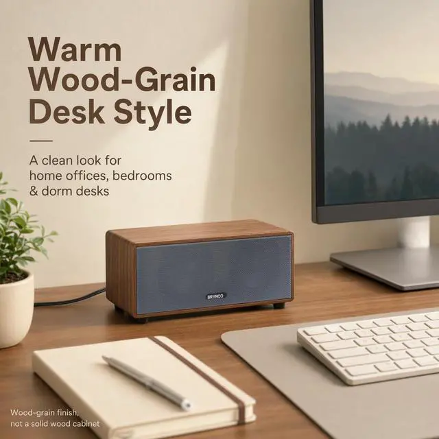 Alt view image 2 of 7 - Wood-Grain Computer Speakers for Desktop PC, 10W Wired USB-Powered Speaker with 3.5mm AUX Jack, Plug & Play Clear Stereo Audio, Compact Brown Desk Speaker with In-Line Volume Control for Home Office