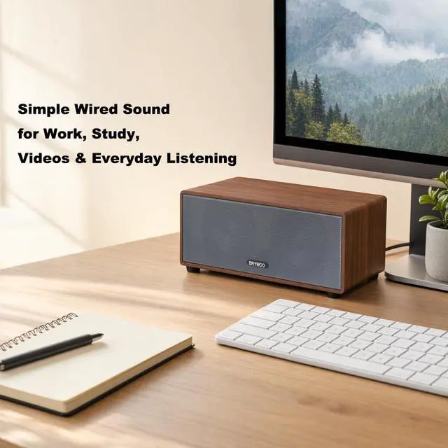 Alt view image 5 of 7 - Wood-Grain Computer Speakers for Desktop PC, 10W Wired USB-Powered Speaker with 3.5mm AUX Jack, Plug & Play Clear Stereo Audio, Compact Brown Desk Speaker with In-Line Volume Control for Home Office