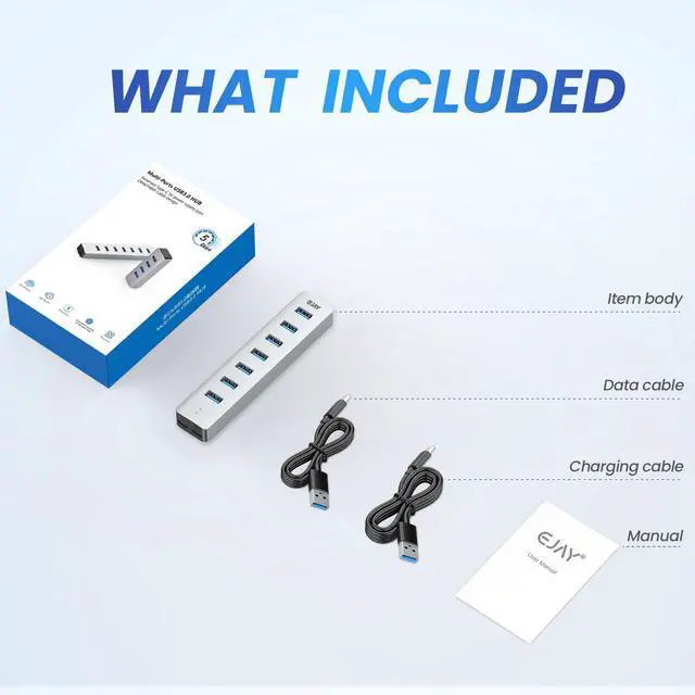 Alt view image 7 of 7 - 7 Ports USB Hub, Aluminum Multiport Desktop USB Adapter Powered USB Splitter for Laptop, Mobile Phones, PC, PS4 and Other USB Devices(3.3Ft Data Cable+3.3Ft Charging Cable)