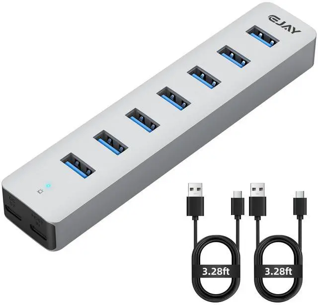 Main image of 7 Ports USB Hub, Aluminum Multiport Desktop USB Adapter Powered USB Splitter for Laptop, Mobile Phones, PC, PS4 and Other USB Devices(3.3Ft Data Cable+3.3Ft Charging Cable)