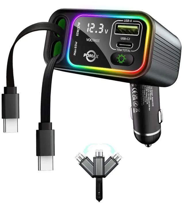 Main image of Retractable Car Charger USB C,145W Type C Car Charger Fast Charging with Dual Retractable USB C Cable and USB Ports for iPhone 17/16/15,S25/24/23/22, Pixel 9/8/7Build-in Dual Type C Cable