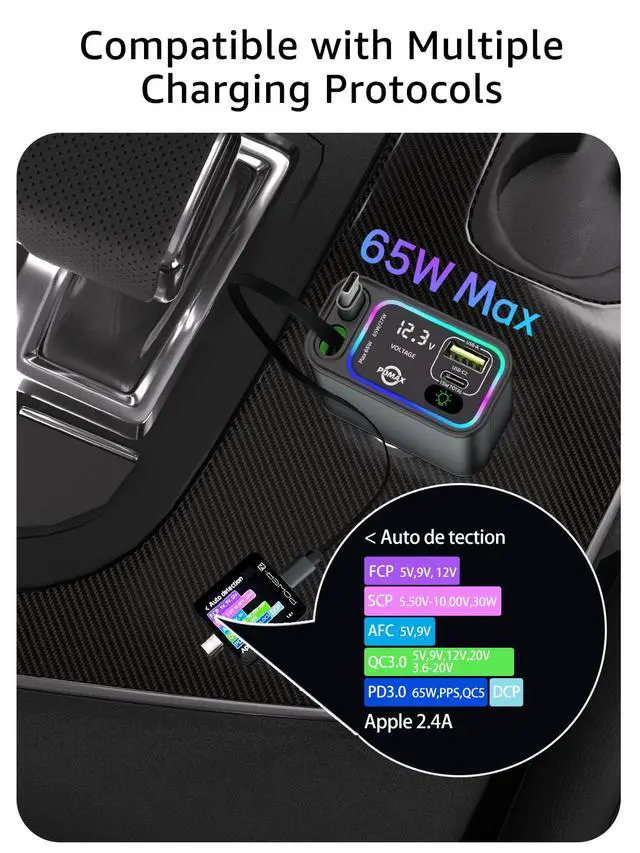 Alt view image 5 of 6 - Retractable Car Charger USB C,145W Type C Car Charger Fast Charging with Dual Retractable USB C Cable and USB Ports for iPhone 17/16/15,S25/24/23/22, Pixel 9/8/7Build-in Dual Type C Cable