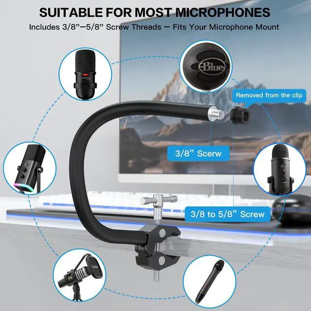 Alt view image 4 of 7 - Gooseneck Microphone Stand with Clamp, Flexible 19'' Boom Arm Mic Mount for Desk & Pipes, Compatible with Blue Yeti, Snowball, Razer, Pyle, Podcasting & Streaming