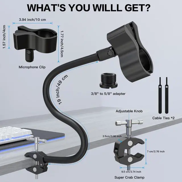 Alt view image 6 of 7 - Gooseneck Microphone Stand with Clamp, Flexible 19'' Boom Arm Mic Mount for Desk & Pipes, Compatible with Blue Yeti, Snowball, Razer, Pyle, Podcasting & Streaming