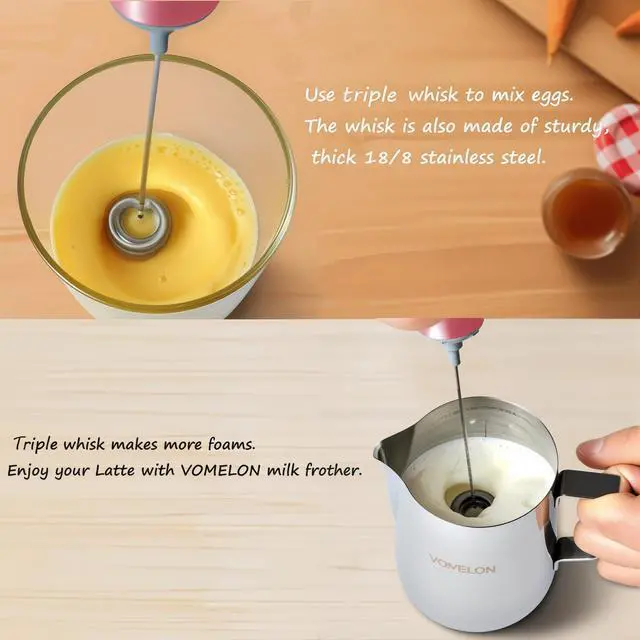 Alt view image 6 of 7 - Electric Milk Frother Handheld,Travel Coffee Drink Mixer Batteries Included, 304 Stainless Steel Whisk for latte Cappuccino,Bulletproof Coffee Hot Chocolate,Egg Rose Pink
