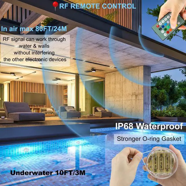 Alt view image 2 of 6 - Battery Operated Shower Lights Waterproof, Submersible Led Pool Light, Dimmable RGB Under Water Light with Remote and Timer, Adhesive Color Changing Lights for Bathtub Vase Fish Tank Pond