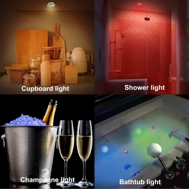 Alt view image 4 of 6 - Battery Operated Shower Lights Waterproof, Submersible Led Pool Light, Dimmable RGB Under Water Light with Remote and Timer, Adhesive Color Changing Lights for Bathtub Vase Fish Tank Pond