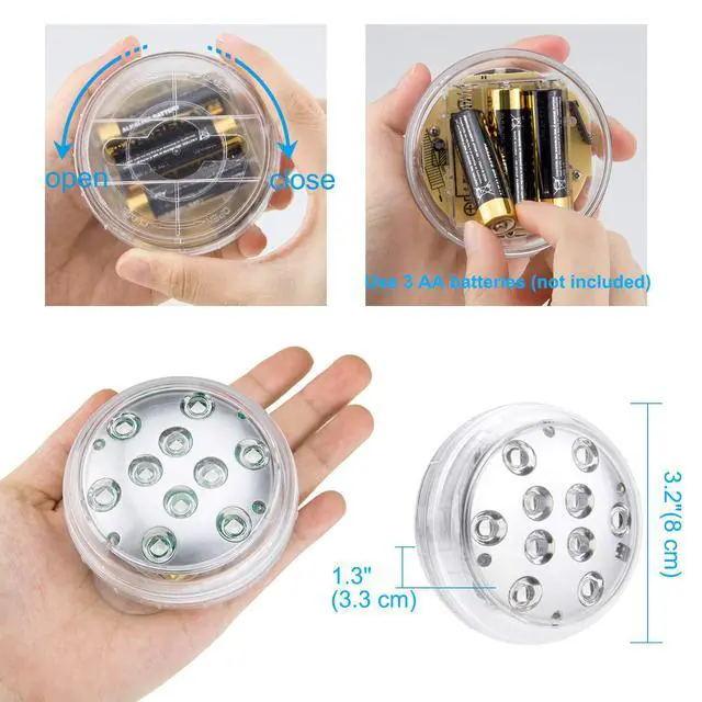 Alt view image 6 of 6 - Battery Operated Shower Lights Waterproof, Submersible Led Pool Light, Dimmable RGB Under Water Light with Remote and Timer, Adhesive Color Changing Lights for Bathtub Vase Fish Tank Pond