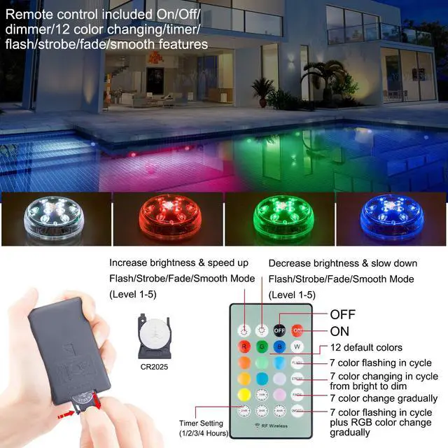 Alt view image 3 of 6 - Battery Operated Shower Lights Waterproof, Submersible Led Pool Light, Dimmable RGB Under Water Light with Remote and Timer, Adhesive Color Changing Lights for Bathtub Vase Fish Tank Pond