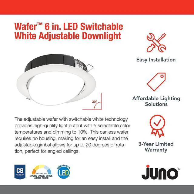 Alt view image 2 of 7 - LED Shower Light, Adjustable 6 Inch Wafer Downlight, Switchable Color Temperature 2700K/3000K/3500K/4000K/5000K, 90+ CRI, Matte White, 6-Inch