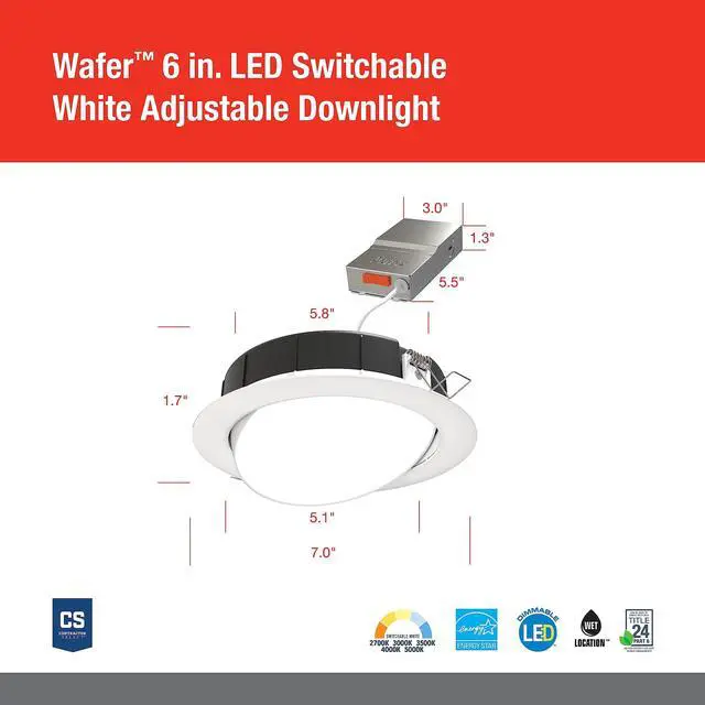 Alt view image 5 of 7 - LED Shower Light, Adjustable 6 Inch Wafer Downlight, Switchable Color Temperature 2700K/3000K/3500K/4000K/5000K, 90+ CRI, Matte White, 6-Inch
