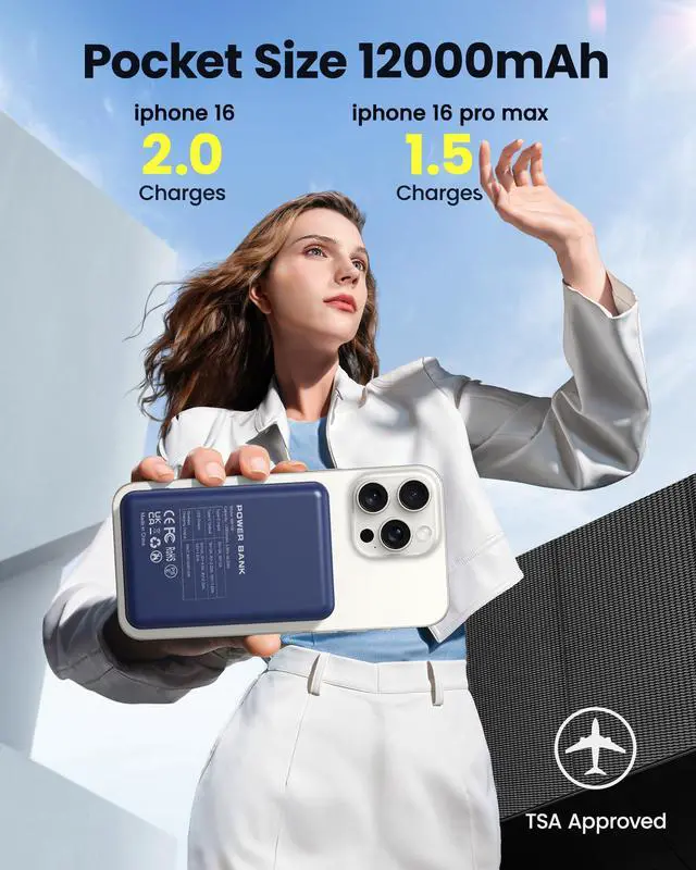 Alt view image 3 of 7 - for Magsafe Battery Pack 12000mAh Magnetic Power Bank Portable Charger 20W USB C Fast Charging Wireless Charger for iPhone 17/16/15/14/13/12