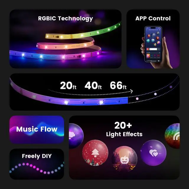 Alt view image 2 of 7 - LED Strip Lights, 66FT Smart Light Strips with 360 LEDs & Music Sync, RGB Color Changing Light with Bluetooth Connected and APP Control, Lights for Bedroom, Home Room Decor, Party, 2x33FT